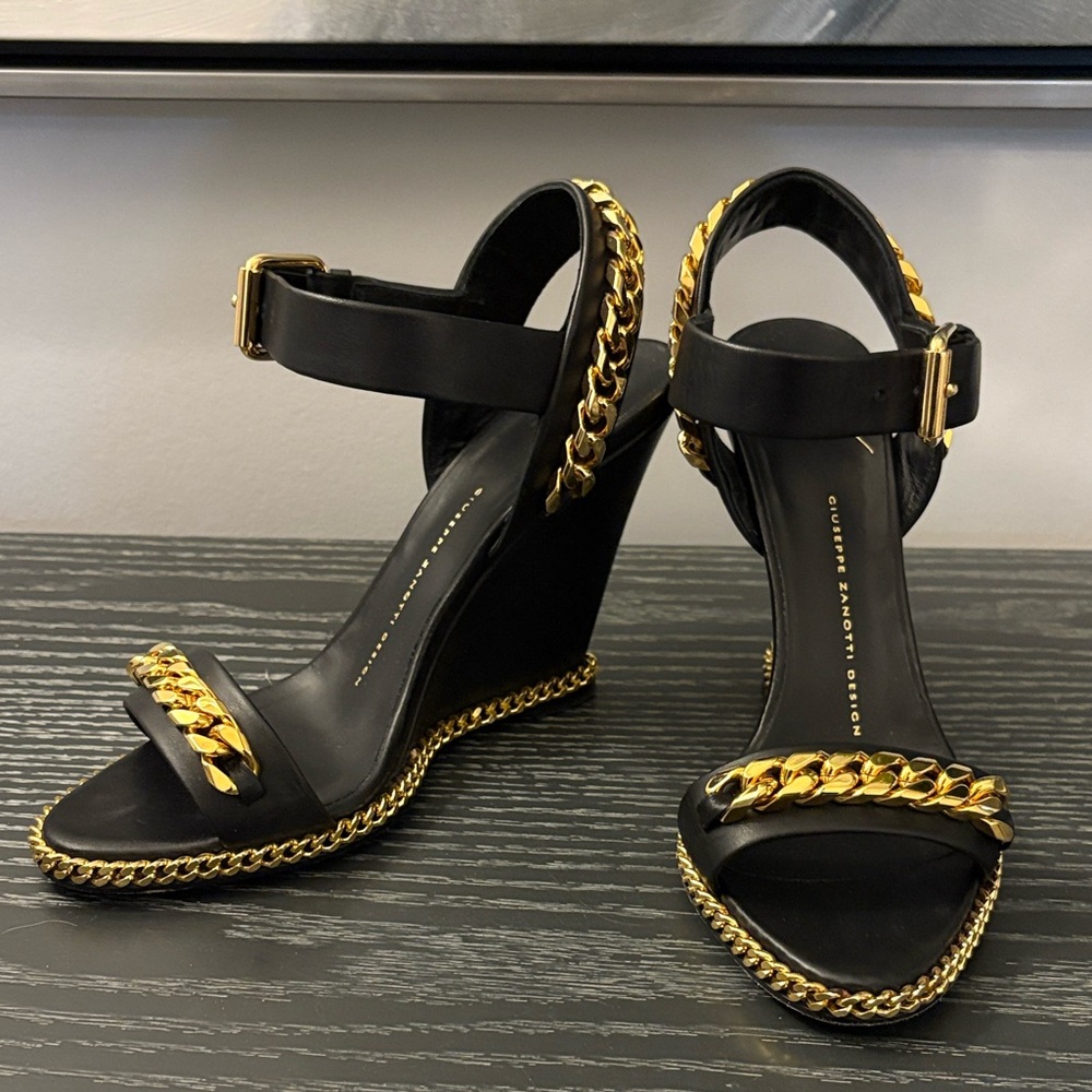 Guiseppe Zanotti Black and Gold Chain Wedge Sandals